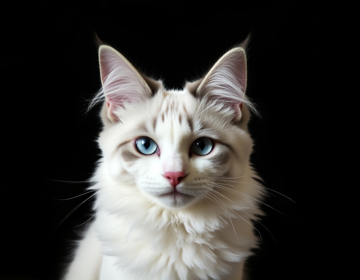 Close-up portrait of cat on a black background, with its alert expression and intricate details of its fur and whiskers in sharp focus.